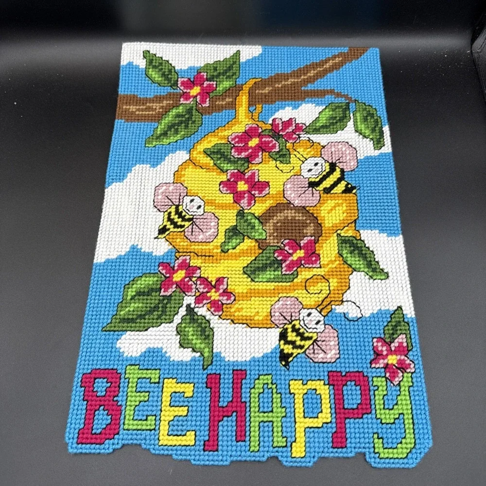 Plastic Canvas Spring Wall Decor Completed Beehive Bee Happy 12 X 18